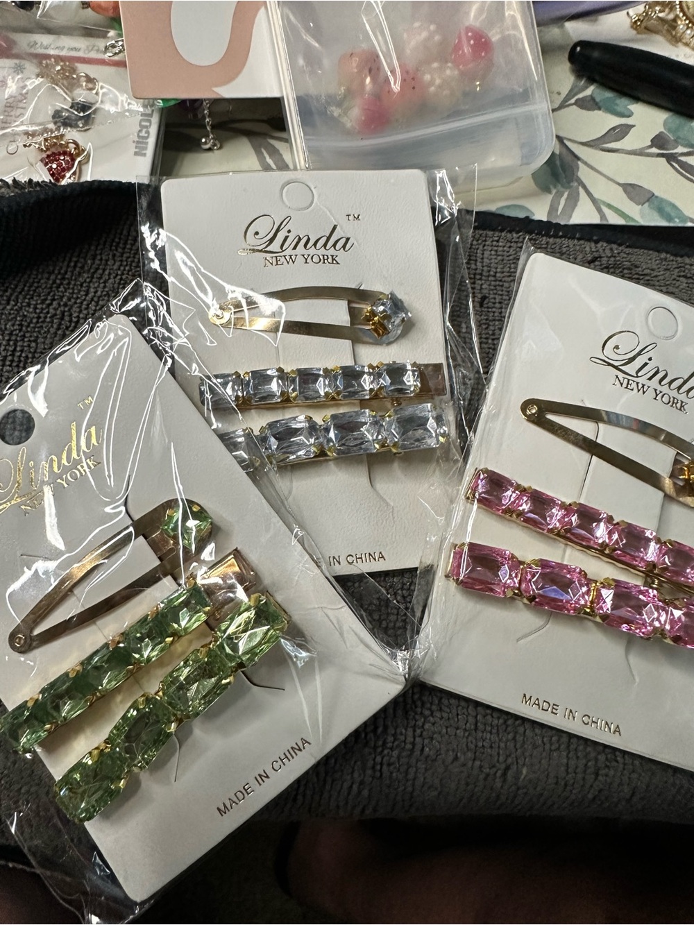 Unlisted Linda New York Gemstone Hair Clip Trio - Pink, Green, Clear